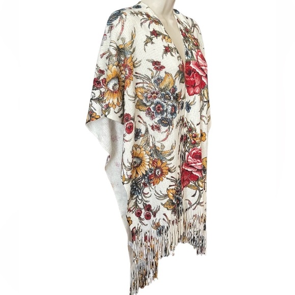 EUC Anthropologie Marseille Floral Fringed Kimono Poncho Shawl O/S Boho Western - Picture 4 of 15
